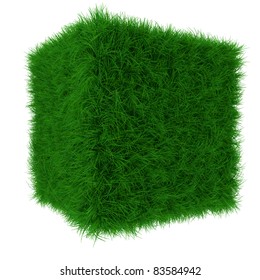 3d Render Of Green Grass Cube Isolated On White Background