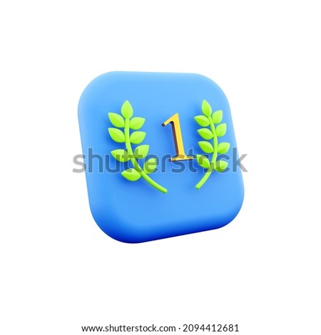 3d render green Laurel Crown winner icon on blue button in 3D rendering illustration