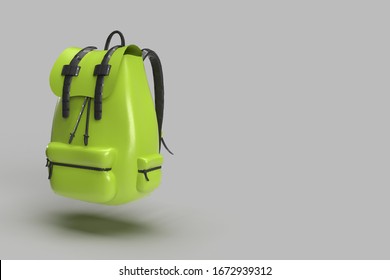 3d Render Of A Green Leather Bagpack Floating In Air In An Grey Gradient Background With Space For Text.travel Packing Concept