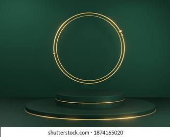 3d Render - Green Podium Minimal On Green Color Background, Display For Cosmetic Perfume Fashion Natural Product, Simple Clean Design, Luxury Minimalist Mockup.