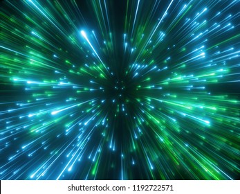 3d Render, Green Sparkling Fireworks, Abstract Cosmic Background, Big Bang, Galaxy, Falling Stars, Celestial Cosmos, Beauty Of Universe, Speed Of Light, Neon Glow, Cosmic Light, Outer Space
