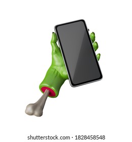 3d Render, Green Zombie Hand Holds Smart Phone, Wireless Gadget With Blank Screen Mockup. Halloween Clip Art Isolated On White Background