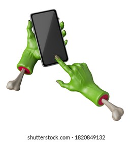 3d Render, Green Zombie Hands Hold Smart Phone Mobile Device, Blank Screen Mockup. Halloween Clip Art Isolated On White Background