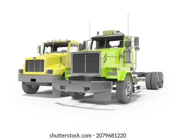 3d render group yellow and green dump truck isolated on white background with shadow