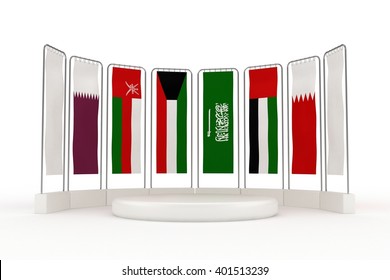 3D Render Of Gulf Cooperation Council Member Country Flags | Hanging Style