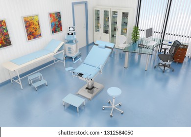 3d render of a gynaecological treatment room with a gynaecological chair
