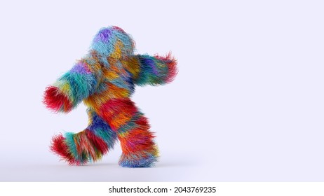 3d Render, Hairy Cartoon Character Isolated On White Background, Active Walking Or Dancing Pose. Colorful Furry Beast, Fluffy Toy