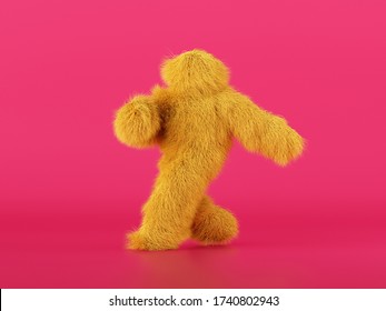 3d Render, Hairy Yellow Beast Cartoon Character Walking Or Dancing, Isolated On Pink Background, Active Posing. Fluffy Plush Toy. Man Wearing Halloween Costume Of A Mascot, Furry Monster