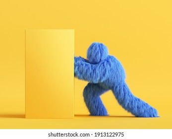 3d render, hairy Yeti cartoon character pushes the big heavy box, furry blue monster. Delivery concept. Funny clip art isolated on yellow background