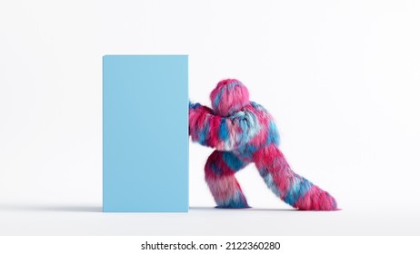 3d render, hairy Yeti cartoon character pushes the big heavy box, furry colorful monster. Delivery concept. Funny clip art isolated on white background