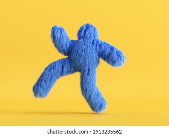 3d render, hairy yeti, furry monster cartoon character walking, running or dancing, fluffy toy, hairy beast, isolated on yellow background, active pose.
