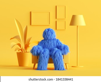 3d Render, Hairy Yeti Toy, Blue Cartoon Character Monster Sits In An Armchair Inside Modern Minimal Yellow Living Room. Abstract Dollhouse Interior