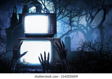 3d render halloween illustration of old fashioned lightened tv sets standing on horror cemetery or graveyard background with monster zombie black hands.
