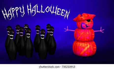 3D Render Of A Halloween Pumpkin And Bowling Ball And Pins.