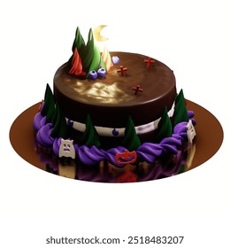 3D render of halloween themed-cake, decorated with spooky details like crescent moon, graveyard, and ghost chocolate.ideal for halloween theme, bakery promotions, or holiday dessert advertisement - Powered by Shutterstock