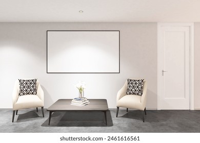 3d render of hallway interior, side the door there is armchairs, table and frame mock up. Cement tile floor, light gray wall and white ceiling. Set 1
