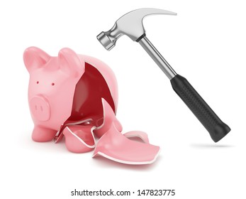 3d Render Of Hammer And Broken Piggybank