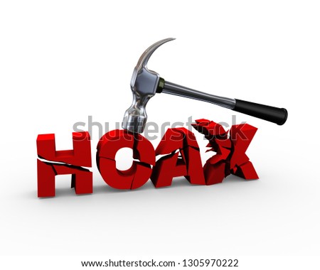 3d render of hammer destroying and breaking word hoax
