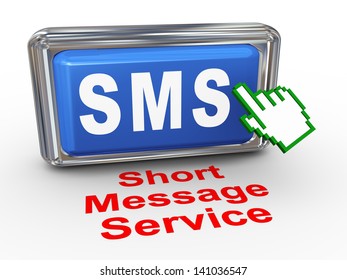 3d render of hand cursor pointer click on button with phrase sms short message service