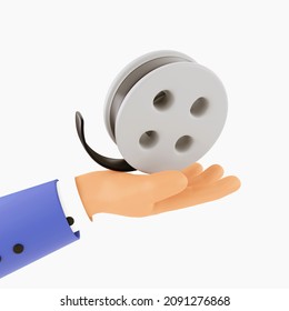 3d Render Hand Holding Film Roll Cartoon Icon On White Background. 3D Rendering Hand With Film Roll Icon