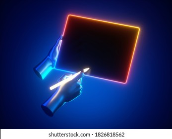 3d Render, Hand Holds Digital Pen And Graphic Pad Device With Colorful Neon Light, Blank Screen Mockup, Isolated On Blue Background. Digital Art Concept. Electronic Signature Concept