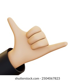 3D render of a hand making the 'hang loose' gesture with the thumb and pinky extended. Perfect for surf culture, relaxation, or informal greetings. High-resolution 3D stock. 3D Illustration