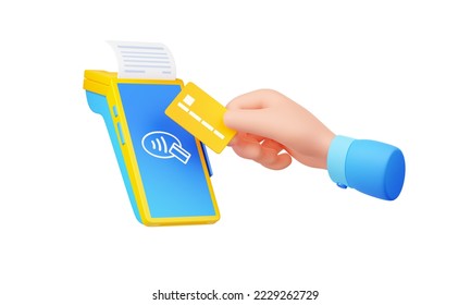 3d render hand pay with card via pos terminal, approved purchase with paper bill. Contactless transactions concept with electronic device for wireless nfc paying, Illustration in. 3D Illustration