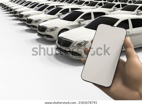 3D render of a hand with a phone in front of a lot of\
parking luxury car that represents phone app usage in automotive\
field 