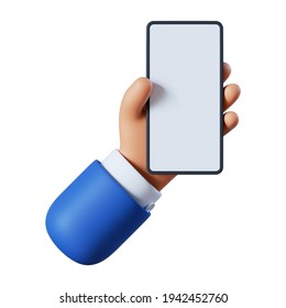 3d Render. Hand With Smart Phone Icon. Cartoon Character Holds Mobile Gadget With Blank Touch Screen. Business Clip Art Isolated On White Background