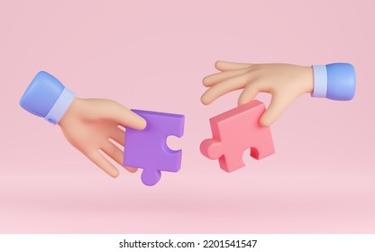 3d render hands connecting jigsaw puzzle. Business concept of partnership, teamwork cooperation, creative idea or solution, collaboration, Illustration on pink background in cartoon. 3D Illustration