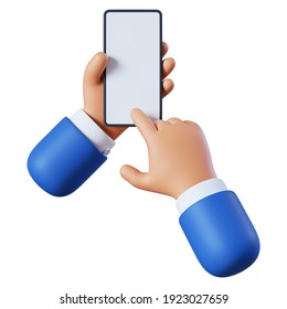 3d Render. Hands Hold Blank Smart Phone Icon. Cartoon Character With Mobile Device. Business Clip Art Isolated On White Background