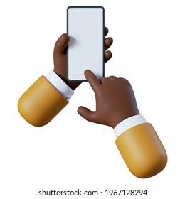 3d render. Hands hold smart phone icon. African American cartoon character holds mobile device with blank touch screen. Business clip art isolated on white background
