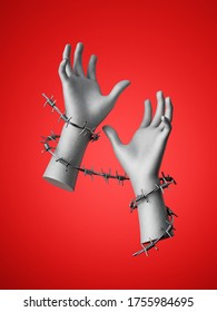3d render, hands wrapped with barbed wire, isolated on red background. Social justice concept. Human rights violation. Constrained freedom