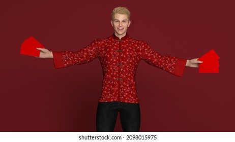 3D Render :Handsome caucasian man with Chinese traditional dress male cheongsam or qipao holding ang pow or red packet monetary gift.