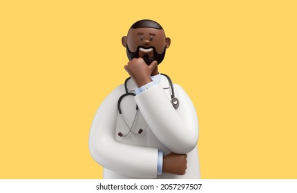 3d render. Happy doctor smiling and posing, african cartoon character avatar. Clip art isolated on yellow background - Powered by Shutterstock