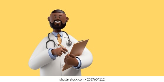 3d render. Happy doctor toy, african cartoon character holds clipboard and looks at camera. Clip art isolated on yellow background. Professional consultation. Medical concept - Powered by Shutterstock