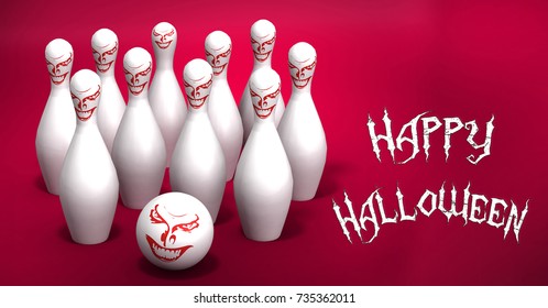 3D Render Of A Happy Halloween  Bowling Ball And Pins.