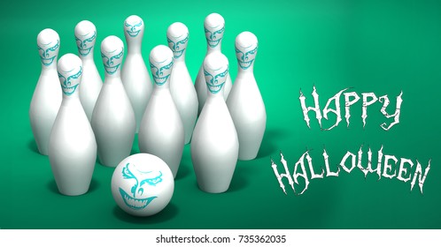 3D Render Of A Happy Halloween  Bowling Ball And Pins.