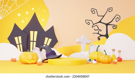 3d Render, Happy Halloween Day Background With Podium Stand Product And Night Scene And Cute Spooky Design. Halloween Pumpkins, Skull, Ghost And Spider Decorations On Dark Purple Background.