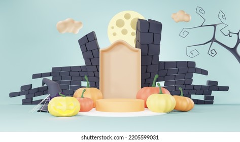 3d Render, Happy Halloween Day Background With Podium Stand Product And Night Scene And Cute Spooky Design. Halloween Pumpkins, Skull, Ghost And Spider Decorations On Pastel Blue Background.