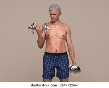 3D Render : Healthy Senior Man Doing Biceps Curl Exercises  - Fit Mature Man Training With Dumbbells With Sport Healthy Lifestyle Concept