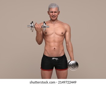 3D Render : Healthy Senior Man Doing Biceps Curl Exercises  - Fit Mature Man Training With Dumbbells With Sport Healthy Lifestyle Concept