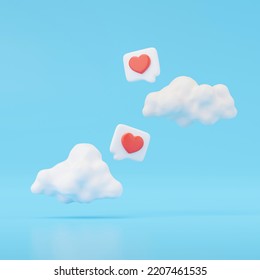3d render of heart in speech bubble and white cloud isolated on blue.