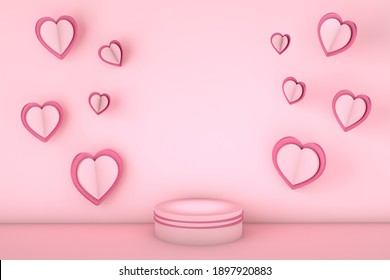 3D render of hearts flying around a podium with copy space for a message of love, romance, Valentine's Day, dating, anniversary, birthday, women's day, mother's day, father's day