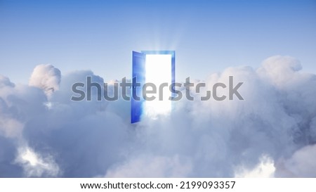 3d render, heaven with bright light, open door and clouds in the sky. Spiritual background
