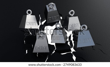 3D render: A heavy "DEBT" weight slams into a surface, shattering and collapsing it entirely under the intense pressure. High-impact metaphor for financial burden.