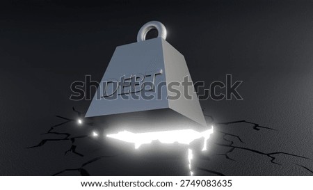 3D render: A heavy "DEBT" weight slams into a surface, shattering and collapsing it entirely under the intense pressure. High-impact metaphor for financial burden.