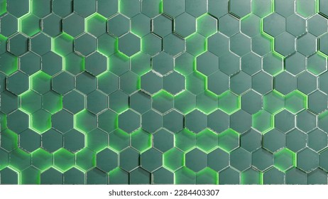 3d render hexagon abstract background with green light