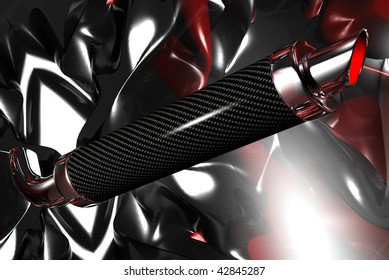 3D render of a hifh performance carbon fiber racing motor bike pipe on a beautiful background