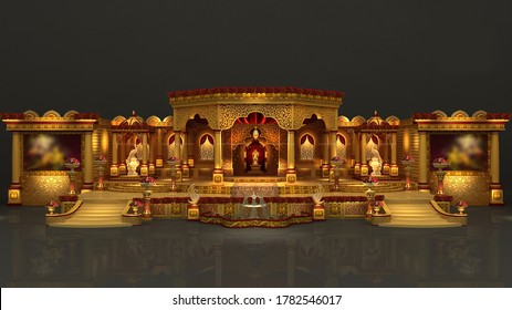 3d Render Hindu Traditional Modern Wedding Theme Stage, Wooden Backdrop And Golden Flower Vase